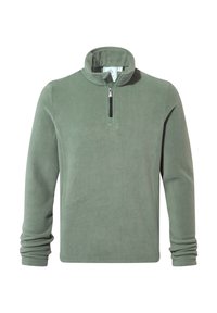 Fleece pullover in muted green, featuring a half-zip neck, long sleeves, and soft texture. Includes a subtle stitching pattern.