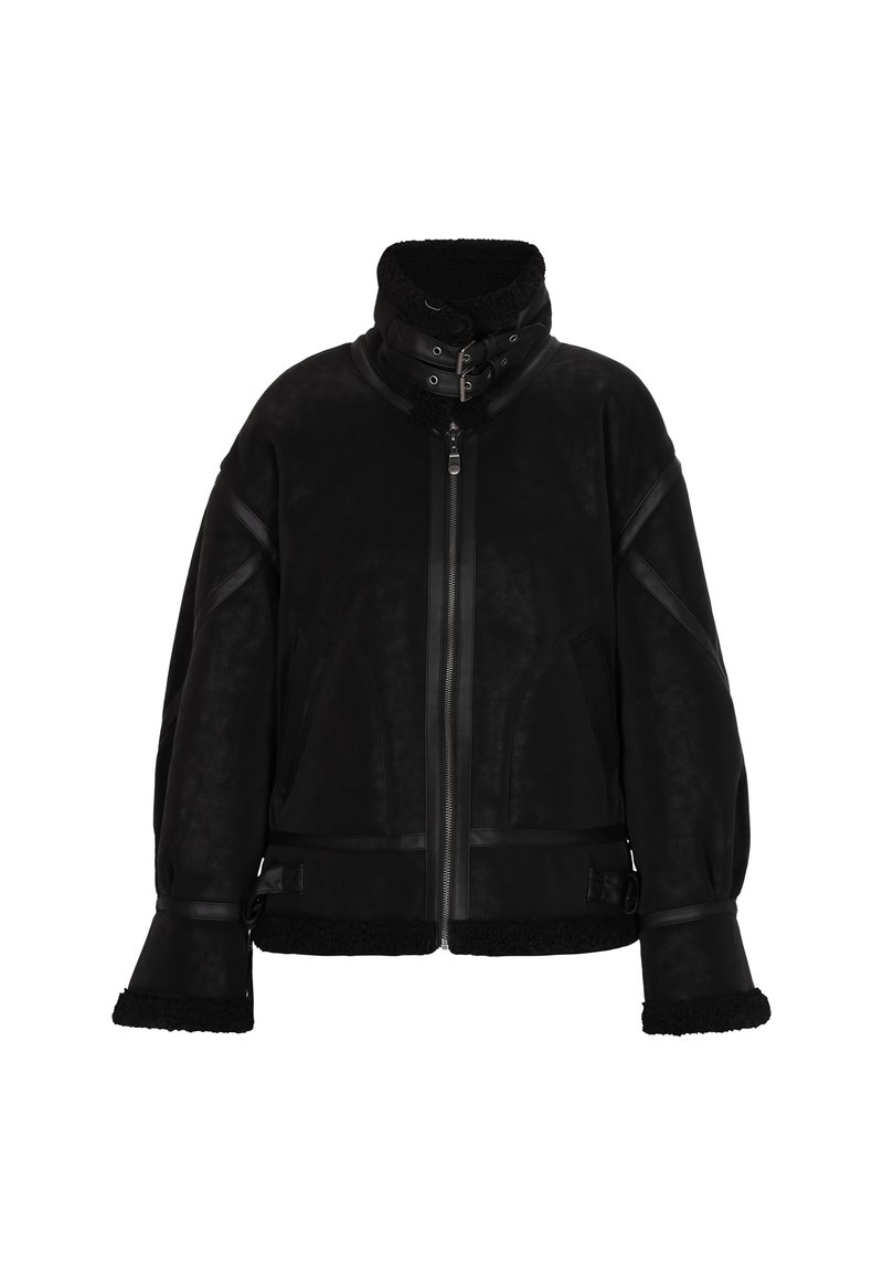 Schwarze Schafslederjacke mit hohem Kragen, Reißverschluss und Lederdetails, ausgestattet mit einer strukturierten Oberfläche und weiten Ärmel mit Pelzbesatz.