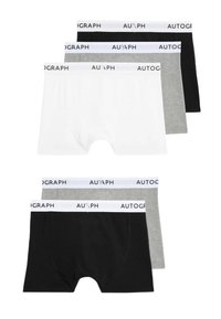 Quattro paia di boxer da uomo in bianco, grigio e nero. Ciascuno presenta un morbido elastico con la scritta "AUTOGRAPH" stampata in nero.