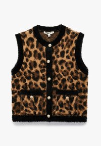 Stickad väst med leopardmönster och svart fuskpälskant, försedd med fem guldknappar och två framfickor.