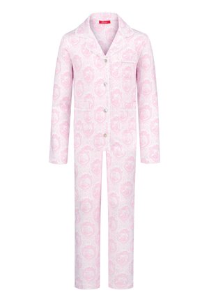 Pink pajama set featuring a floral damask pattern, lightweight fabric, notched collar, button front with four buttons, and chest pocket.