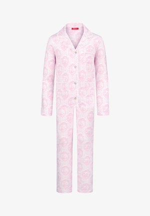 Pink pajama set featuring a floral damask pattern, lightweight fabric, notched collar, button front with four buttons, and chest pocket.