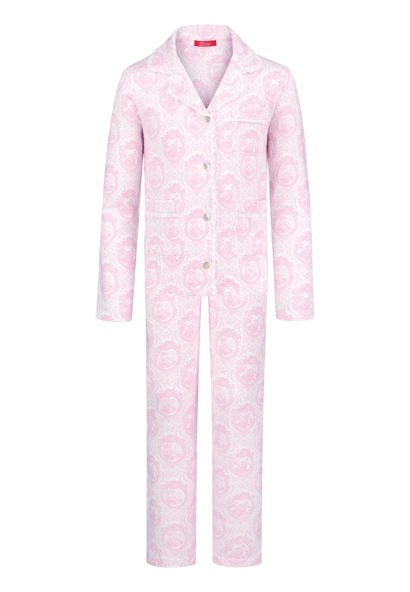 Rosa Schlafanzug-Set mit floralem Damastmuster, leichtem Stoff, Reverskragen, knöpfbarem Frontverschluss mit vier Knöpfen und einer Brusttasche.