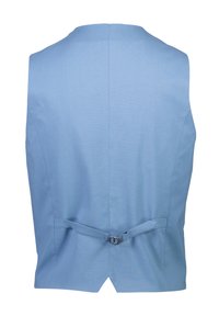 Ljusblå ärmlös väst med en slät yta, bakbanddetalj och rund halsringning. Har en skräddarsydd form för en åtsittande look.