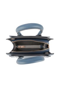 Borsa in pelle blu con texture, due manici, apertura superiore, tasca interna con zip e dettagli in metallo dorato.