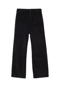 Zwarte corduroy broek met brede pijpen, gestructureerde strepen en een standaard knoopsluiting bij de taille met voorzakken.