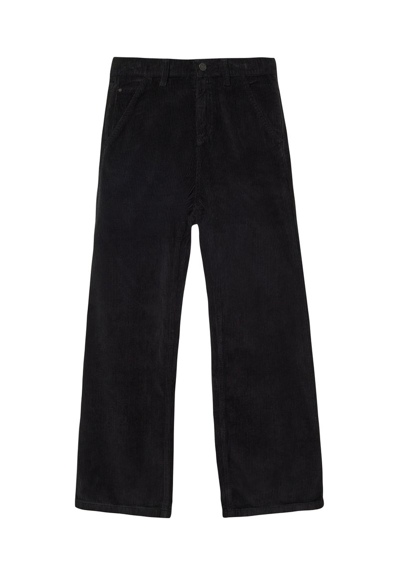 Zwarte corduroy broek met brede pijpen, gestructureerde strepen en een standaard knoopsluiting bij de taille met voorzakken.