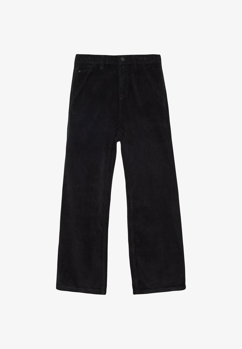 Czarne spodnie z korduroju o szerokim kroju nogawek, z teksturowanymi paskami i standardowym zapięciem na guziki w talii, z przednimi kieszeniami.