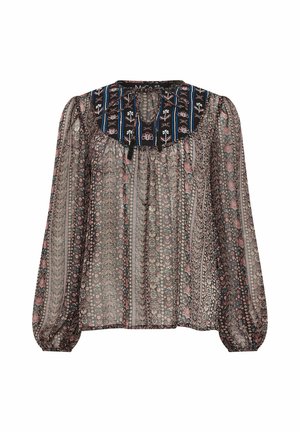Blusa floreale trasparente con maniche a palloncino lunghe, decorata in rosa e verde. Presenta un colletto ricamato nero con lacci e design intricati.
