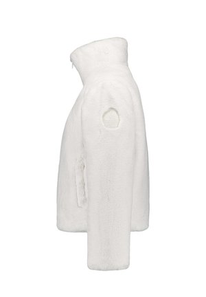 Giacca in ecopelliccia bianca con colletto alto, tasche laterali con zip e logo ricamato sulla manica. Texture morbida e design a taglio dritto.