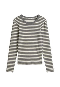 Szara i kremowa koszulka w paski z długim rękawem i okrągłym dekoltem. Posiada małą naszywkę z logo przy dolnym brzegu. Miękki materiał o luźnym kroju.