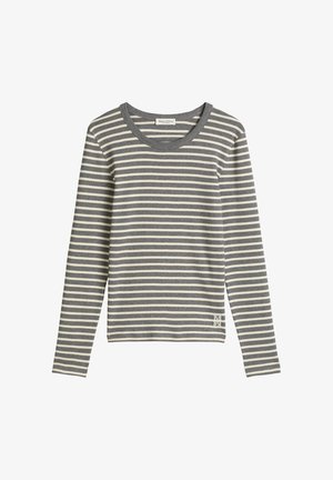 Szara i kremowa koszulka w paski z długim rękawem i okrągłym dekoltem. Posiada małą naszywkę z logo przy dolnym brzegu. Miękki materiał o luźnym kroju.