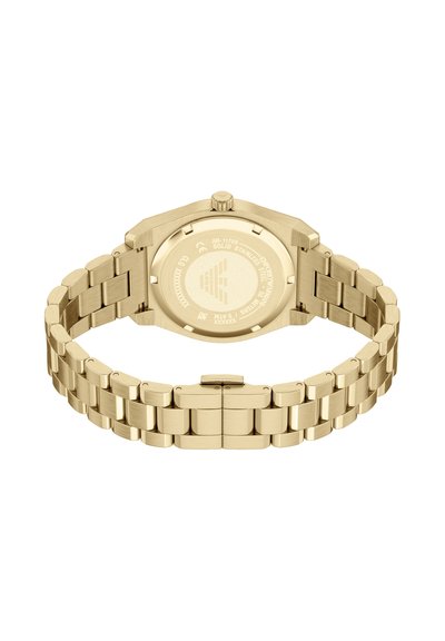 Orologio in acciaio inossidabile dorato con cassa ottagonale, finitura satinata, bracciale a maglie e dettagli incisi sul retro.