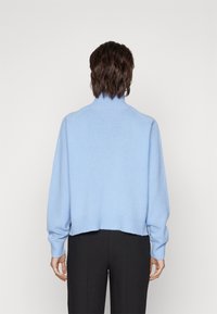 Pull tricoté bleu clair avec un col montant et un ourlet côtelé, doté de manches longues et d'une coupe courte. Texture lisse, détails minimalistes.