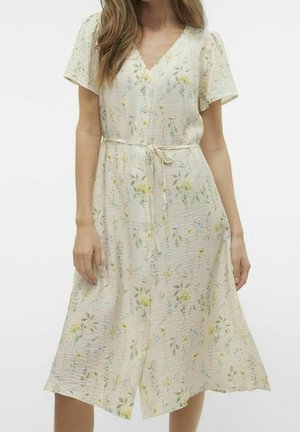 Florales Midikleid aus leichtem, strukturiertem Stoff. Verfügt über einen V-Ausschnitt, kurze Ärmel und einen Taillengürtel. Farben: Offwhite, Grün und Gelb.