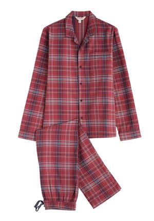 Punainen ja sininen ruudullinen yöasu, joka sisältää pitkähihainen napituspaidan, jossa on tasku, sekä elastiset vyötäröhousut, joissa on kiristysnauha. Puuvillamateriaali.