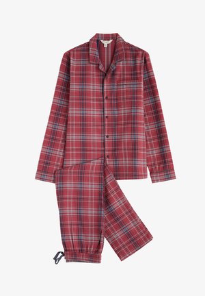 Punainen ja sininen ruudullinen yöasu, joka sisältää pitkähihainen napituspaidan, jossa on tasku, sekä elastiset vyötäröhousut, joissa on kiristysnauha. Puuvillamateriaali.