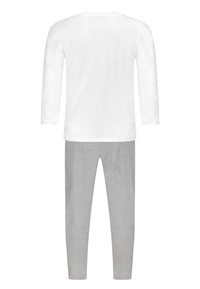 Maglia bianca a maniche lunghe con scollatura rotonda e pantaloni grigi aderenti, entrambi realizzati in morbido cotone, con una superficie liscia e un design semplice.