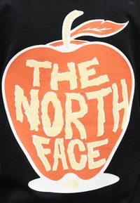 Πορτοκαλοκόκκινο σχήμα μήλου με κείμενο σε κρεμ απόχρωση "THE NORTH FACE" σε μαύρο φόντο, με φύλλο και κοτσάνι στην κορυφή.