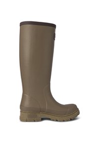 Bota de lluvia de goma marrón con una banda superior texturizada, cuerpo liso y suela salpicada. Diseñada para la durabilidad y resistencia al agua.
