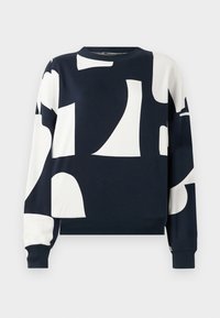 Sudadera azul marino con formas abstractas en blanco, hecha de tela suave. Presenta un cuello redondo y puños acanalados para un ajuste holgado.