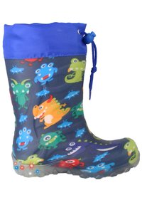 Rubberen regenlaarzen in donkerblauw met kleurrijke monsterpatronen. Beschikt over een blauwe bovenrand met trekkoord en doorzichtige zool.
