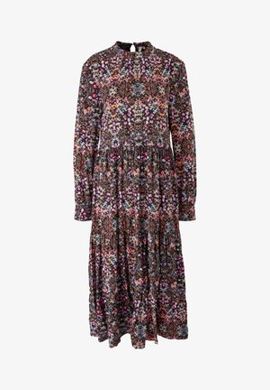 Robe florale à manches longues, à base noire, motif floral multicolore, col montant avec ouverture en forme de clé, jupe à volants, tissu léger.