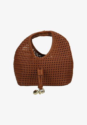 Borsa tote in pelle intrecciata marrone con manici arrotondati, dotata di chiusura a coulisse e dettagli in metallo color oro al centro anteriore.