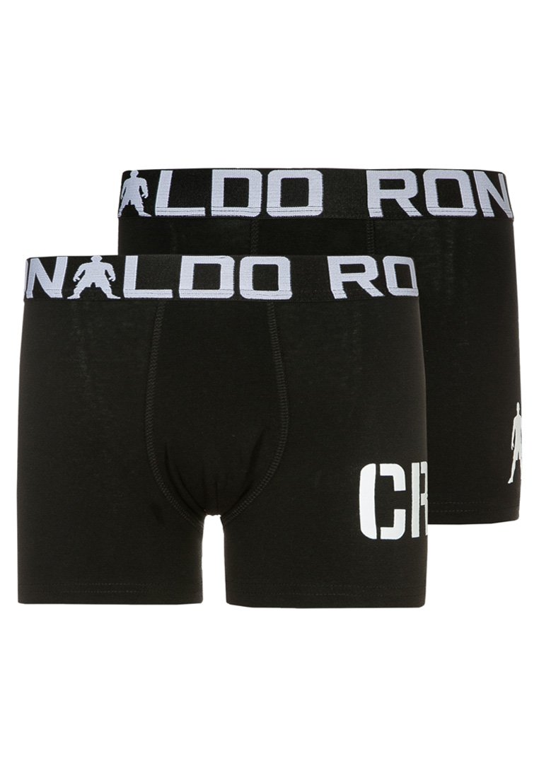 Pantaloni boxer neri in cotone, caratterizzati da un elastico bianco con "CR7" e un'icona. Un paio presenta una grande stampa bianca.