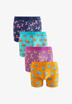 Four pairs of boys' boxer shorts featuring playful patterns: navy with balloon animals, aqua with orange creatures, purple with yellow accents, and orange with blue snails.