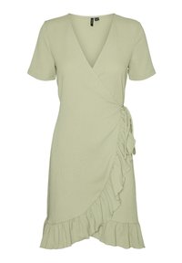 Robe portefeuille vert clair à manches courtes, en tissu texturé, avec ourlet volanté et détail de nouage sur le côté.