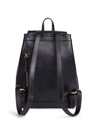 Zaino in pelle nera con dettagli in zip dorata, spallacci regolabili e forma strutturata. Caratterizzato da una tasca laterale con zip per ulteriore spazio di stoccaggio.