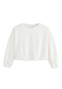 Sweat-shirt blanc en tissu doux, doté d'un col rond, de manches longues bouffantes et d'une ceinture extensible pour une coupe décontractée.