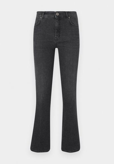 Mørkegrå brede jeans lavet af denim, med høj talje, fem lommer og knaplukning foran. Glat overflade.