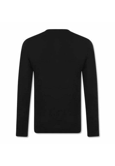 Long-sleeve black top with a crew neckline, smooth texture, and a fitted silhouette, featuring straight-cut sleeves and no visible details.