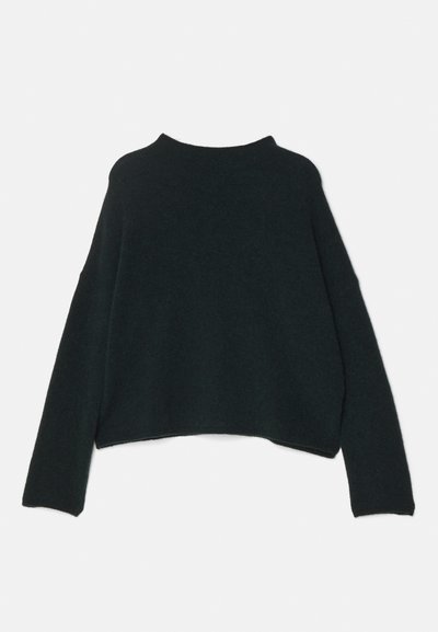 Dark green, cropped sweater with long sleeves, a high neck, and a soft texture. Simple design with no patterns or visible hardware details.