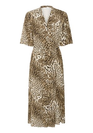 Haljina s printsom leoparda u laganom materijalu, s kratkim rukavima, dubokim V-izrezom i strukiranjem čvorom za prilagodljivu veličinu.