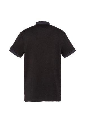 Schwarzes kurzärmeliges Poloshirt mit strukturierter Stoffqualität und dunkelgrauen Besätzen am Kragen und an den Ärmelenden, Rückansicht.