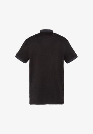 Polo noir à manches courtes avec tissu texturé et bordure gris foncé sur le col et les bords des manches, vu de dos.