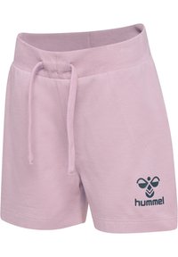 Lila katoenen shorts met een elastische tailleband, trekkoord en een donkerblauw "hummel" logo aan de onderlinkerkant.
