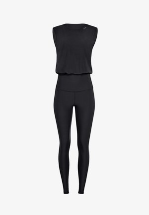 Ținută sportivă neagră formată dintr-un top fără mâneci și leggings cu talie înaltă, ambele realizate dintr-un material elastic și neted.