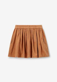 Jupe en coton brun avec une taille élastique, ornée de plis verticaux et d'une subtile broderie orange d'un motif floral sur l'ensemble.