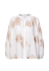 Blusa bianca a maniche lunghe con bottoni e colletto rotondo, caratterizzata da motivi floreali ricamati in marrone chiaro distribuiti su fronte e maniche.