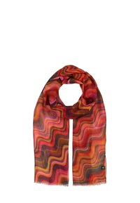 Écharpe colorée avec un motif en vagues dans des nuances de rouge, d'orange et de marron, fabriquée en tissu léger avec des bords frangés.
