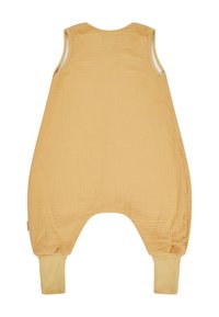 Gelbes ärmelloses Jumpsuit aus strukturiertem Stoff, mit rundem Ausschnitt und elastischen Bündchen an den Knöcheln.