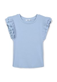 T-shirt azzurro chiaro a righe con maniche corte a volant e collo rotondo. Il tessuto è morbido e ha una texture liscia. Taglia piccola.