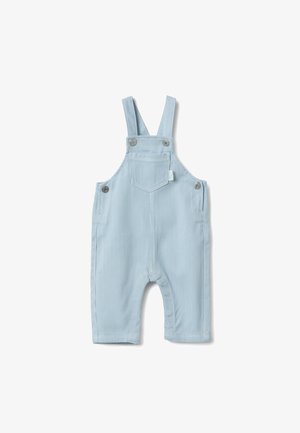 Salopette di ciniglia azzurro chiaro con spalline, bottoni argentati e tasca frontale. Motivo a righe verticali, tessuto morbido e lunghezza corta.