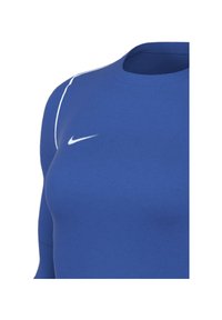 Langärmliges blaues Sportshirt aus glattem Stoff mit Rundhalsausschnitt, ausgestattet mit einem weißen Nike-Logo und dezenten weißen Nähakzenten.