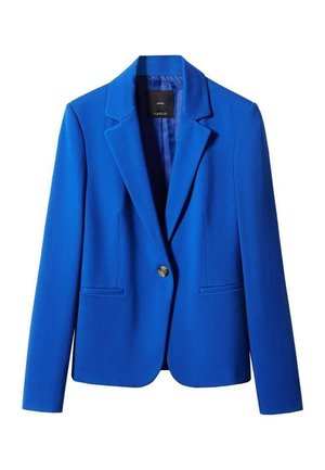 Lyseblå dames blazer med lange ærmer, enkelt knaplukning, revers med notch og to forlommer med åbning.