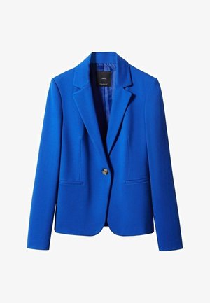 Blazer da donna azzurro brillante con maniche lunghe, chiusura con un solo bottone, colletto con revers a tacca e due tasche frontali a filetto.